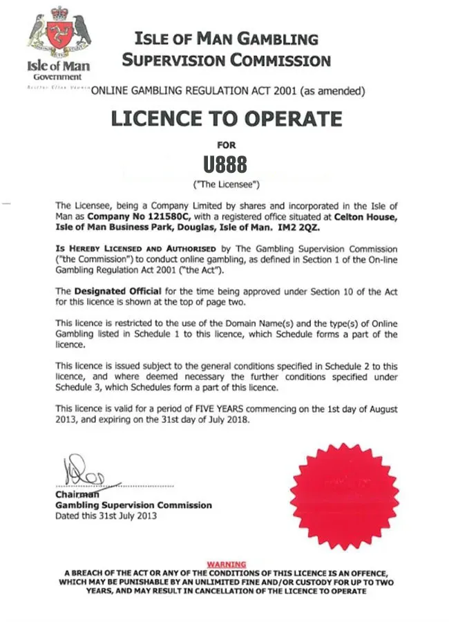 U888 được cấp giấy phép Isle of Man quốc tế 